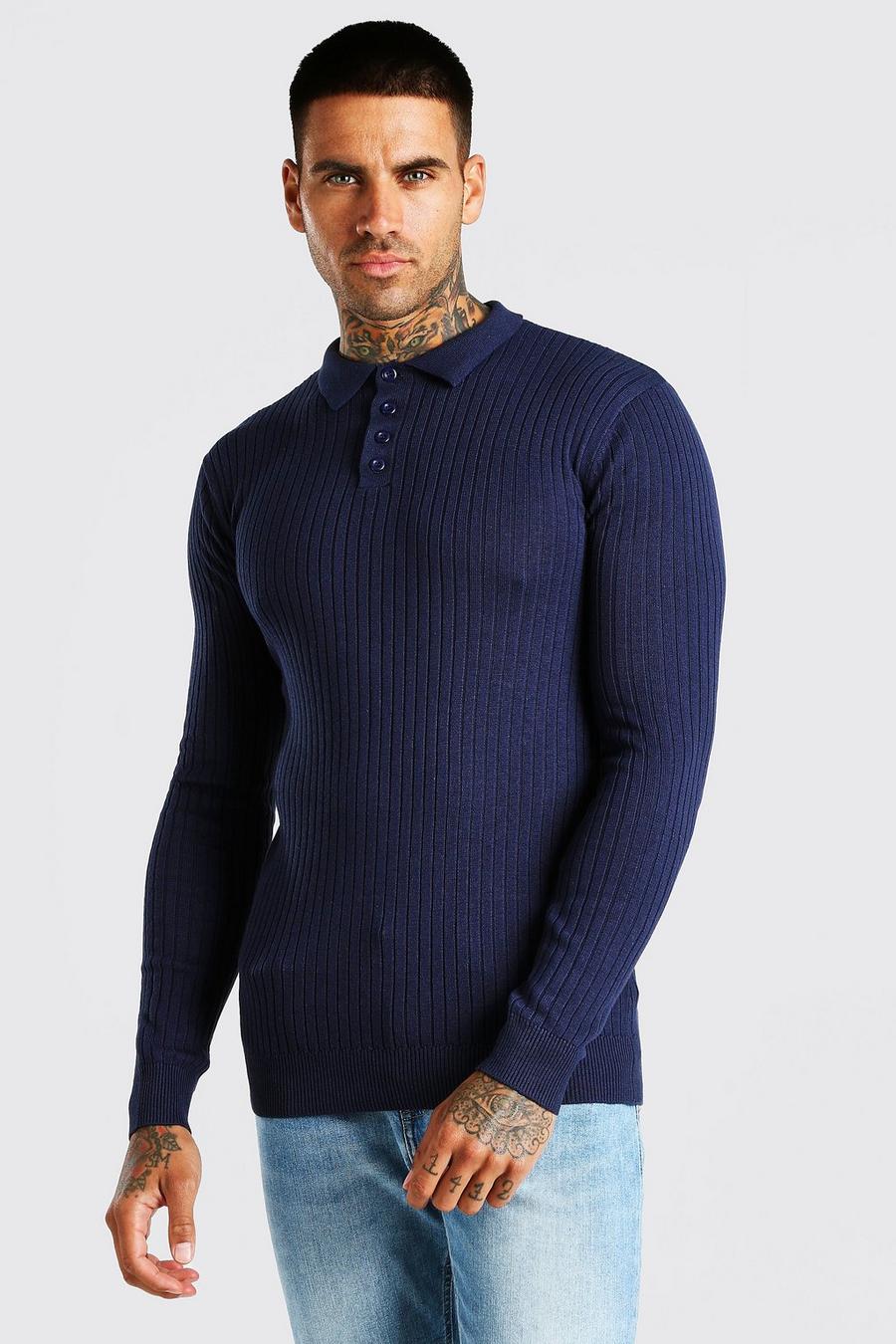 Navy Long Sleeve Muscle Fit Ribbed Knit Polo image number 1