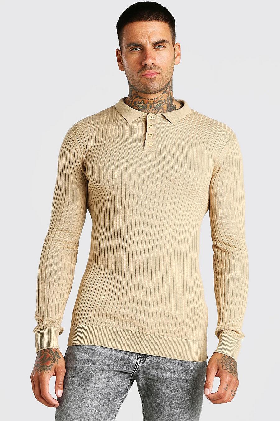 Camel Long Sleeve Muscle Fit Ribbed Knit Polo image number 1