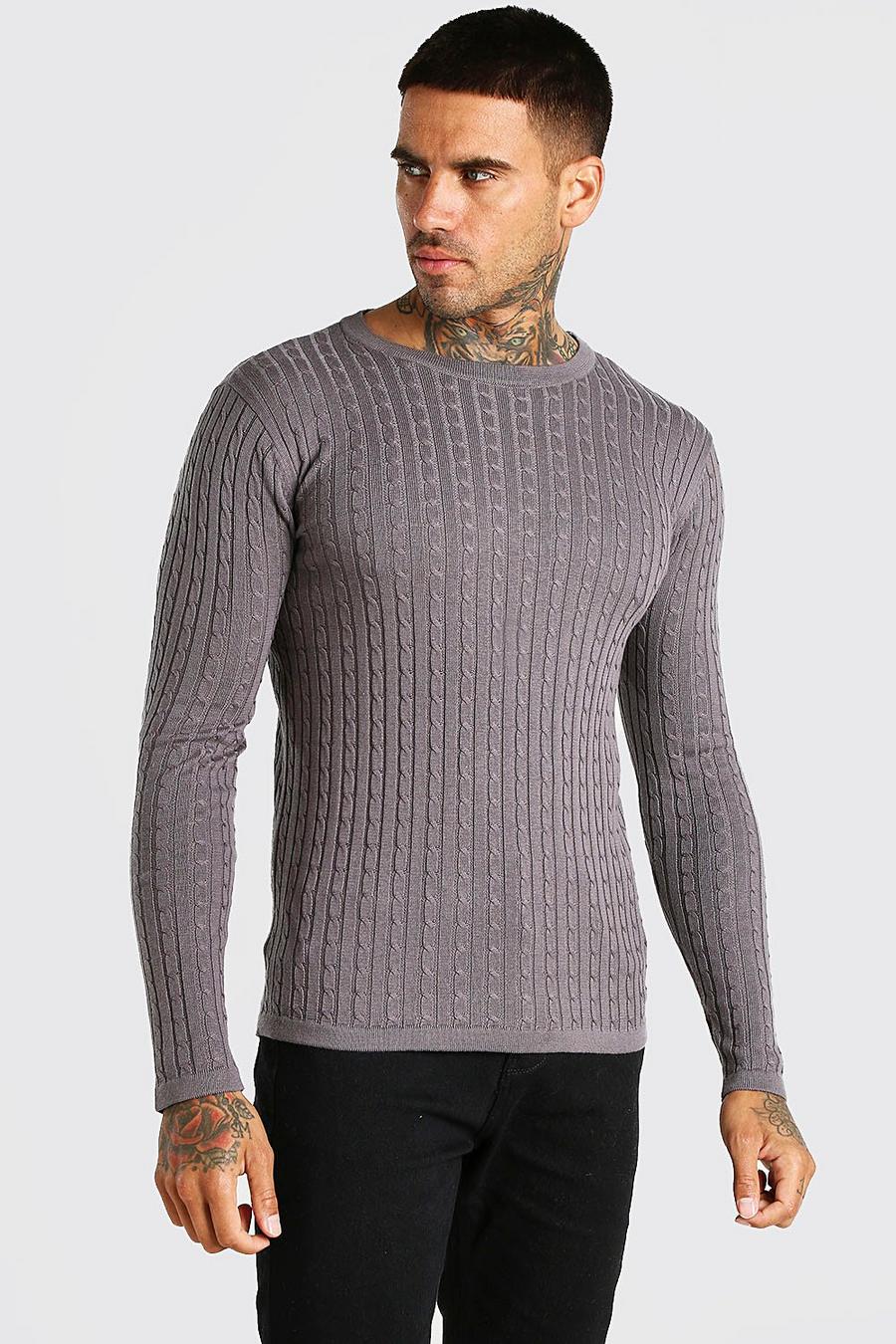 Muscle Fit Strickpullover mit Zopfmuster, Grau image number 1