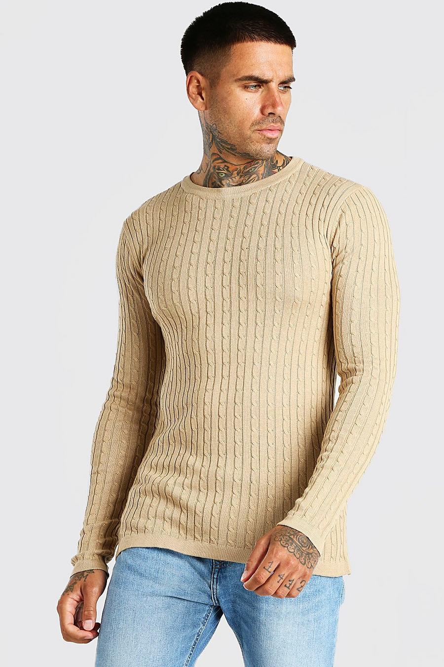 Camel Muscle Fit Cable Knit Sweater image number 1