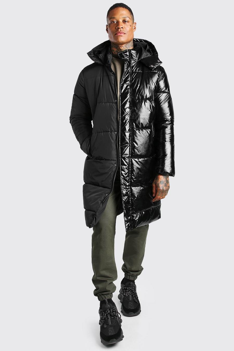 Black Matte And High Shine Half And Half Longline Puffer image number 1