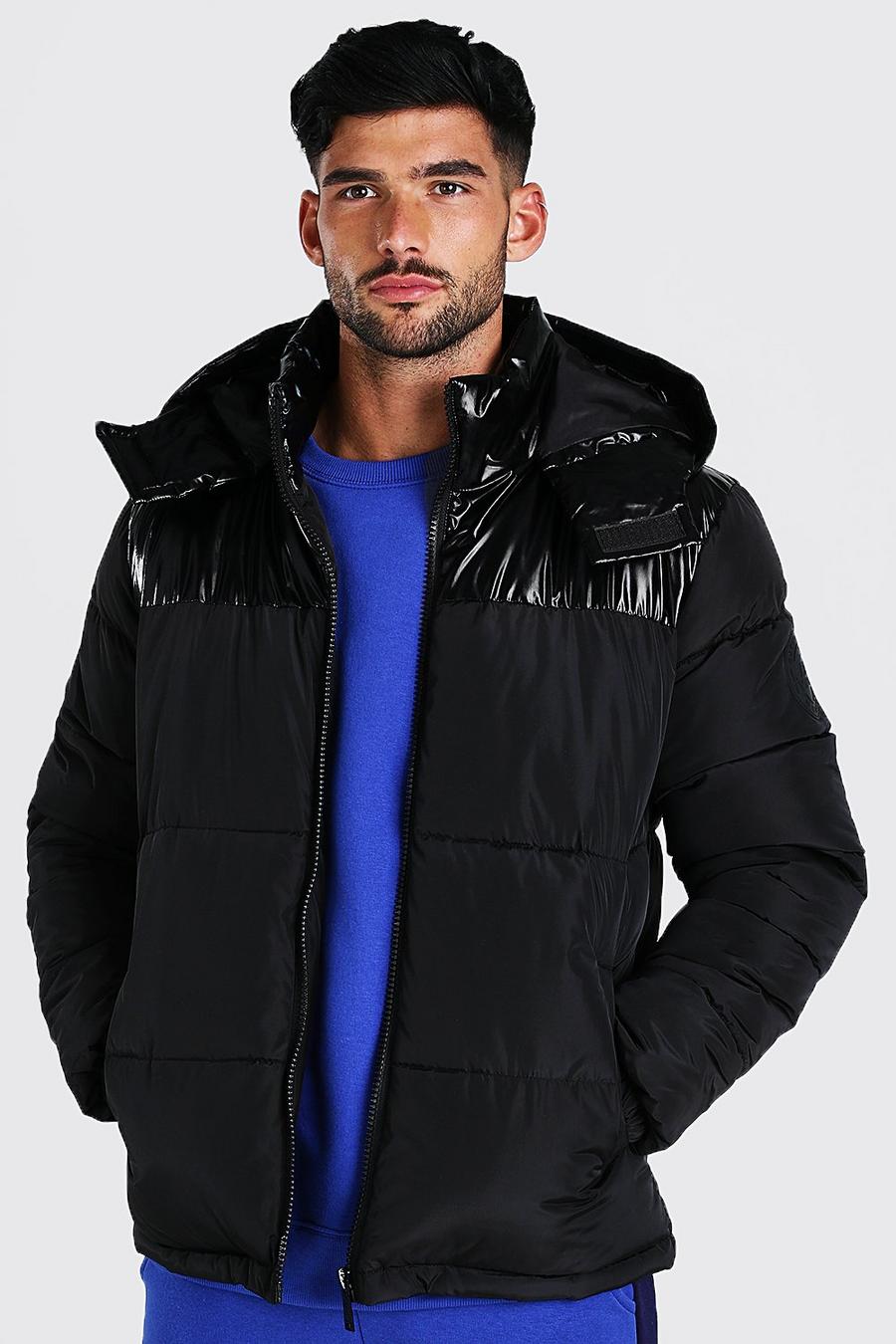 Black High Shine Panel Hooded Puffer image number 1