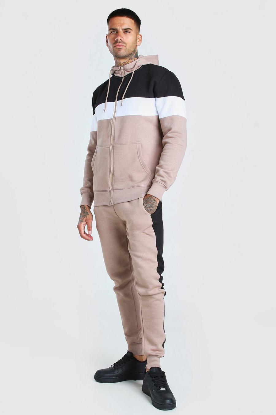 Stone Colour Block Panel Hooded Tracksuit image number 1