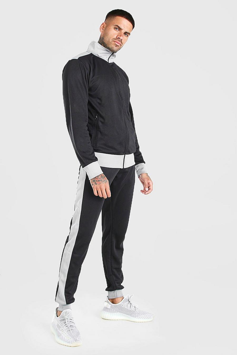 Trainingsanzug mit Trichterkragen, Reißverschluss und Kontrastfarben, Schwarz black image number 1