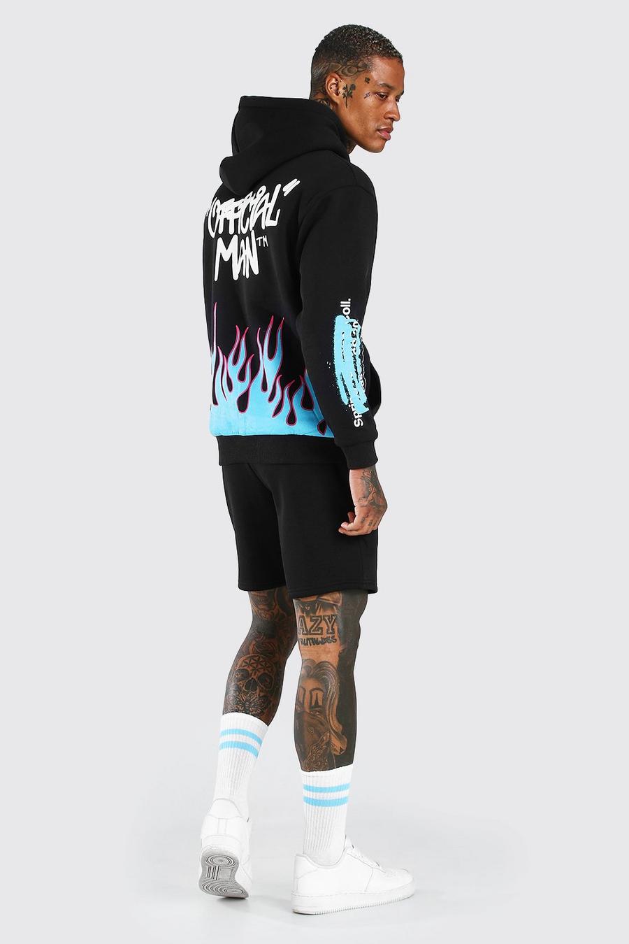 Black Official MAN Träningsoverall med shorts, graffititryck och eldsflammor image number 1