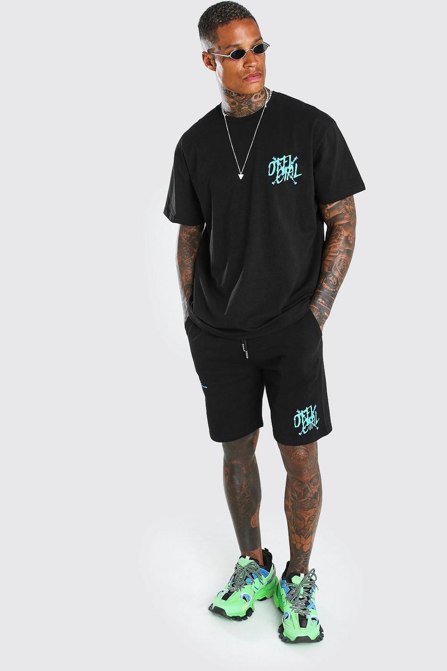 MAN Set aus T-Shirt und Shorts mit Graffiti-Draht-Print, Schwarz image number 1