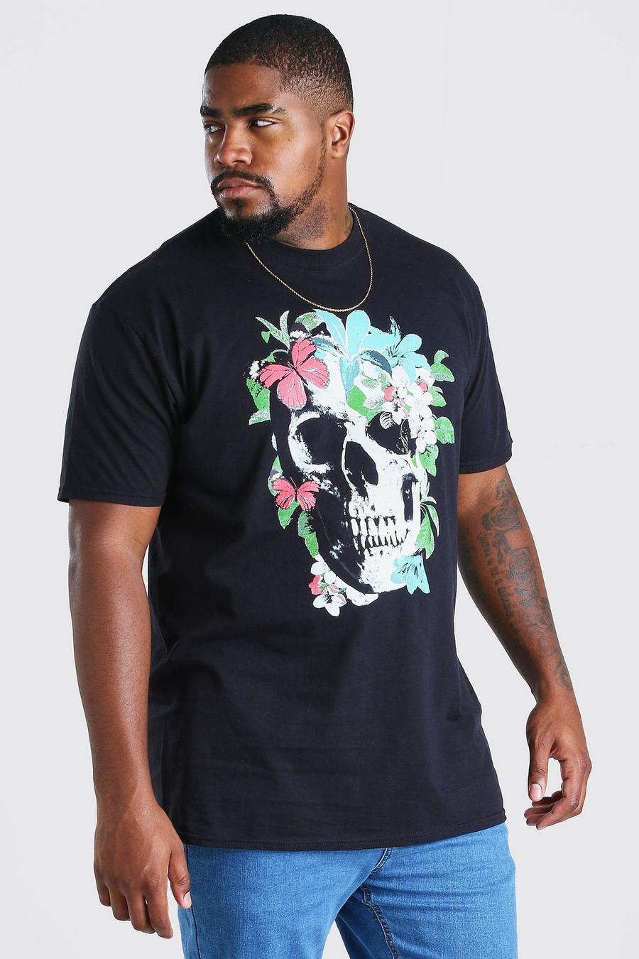 Black Big & Tall - T-shirt med dödskalle och fjärilar image number 1