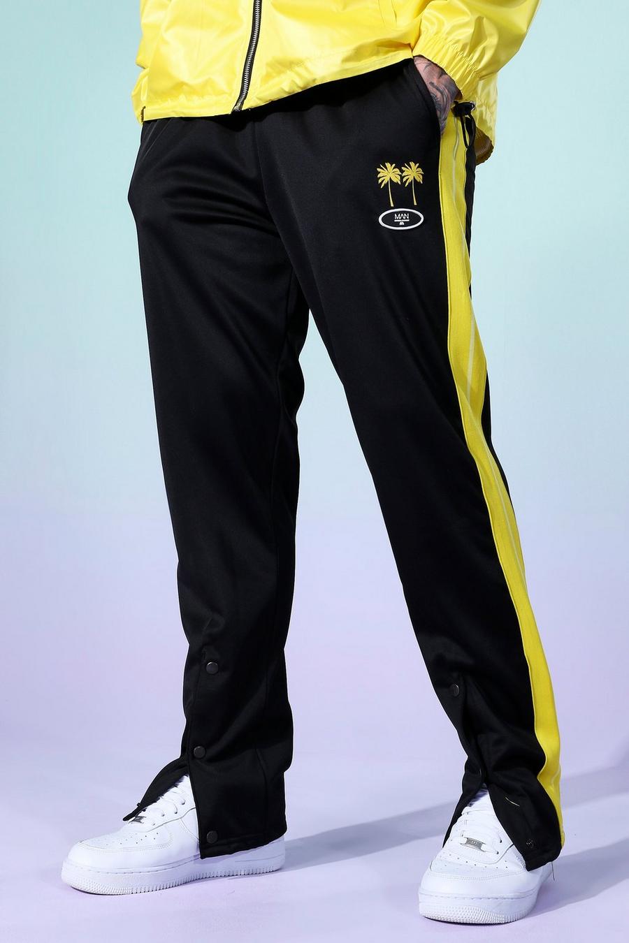Pantalones de deporte de pierna ancha de tricot con cinta de palmeras, Negro image number 1