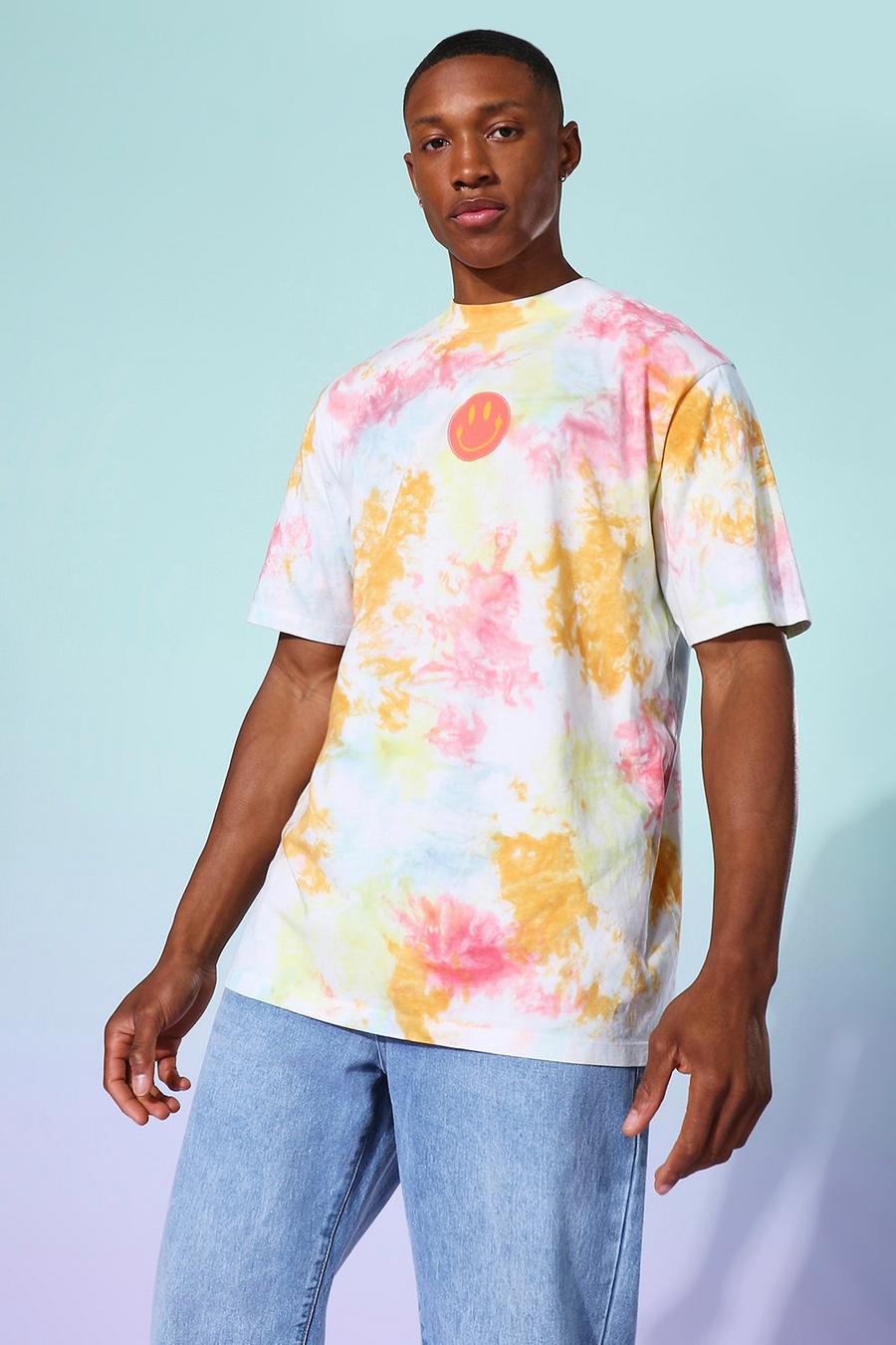 Yellow Tie Dye Druipende Smiley T-Shirt image number 1