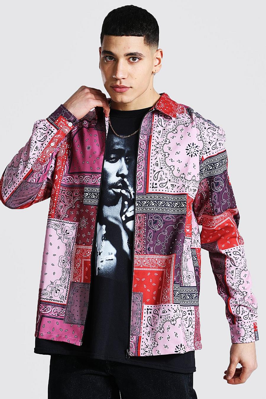 Pink Long Sleeve Bandana Patchwork Shirt Jacket image number 1
