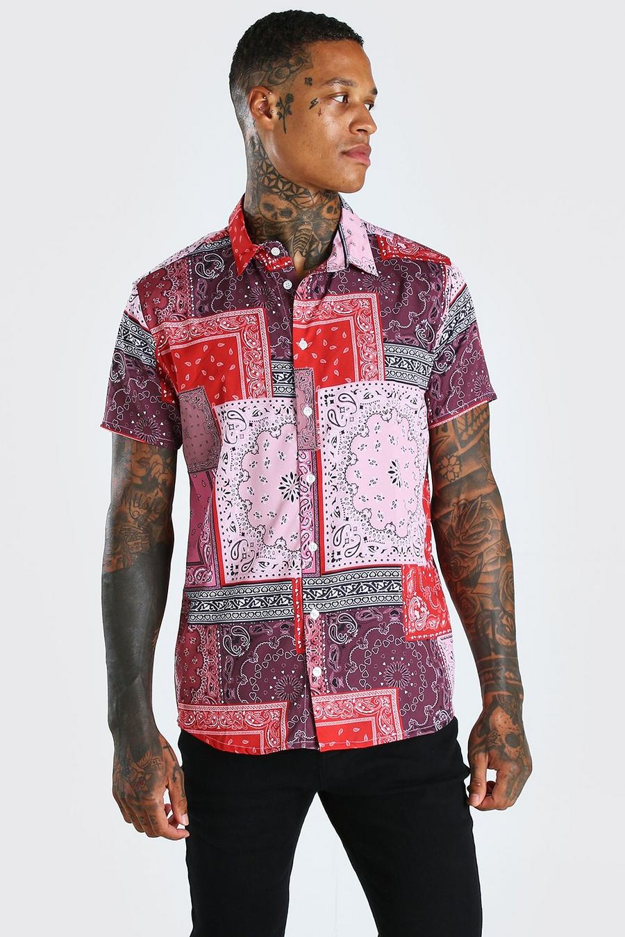 Pink Short Sleeve Patchwork Bandana Print Shirt image number 1