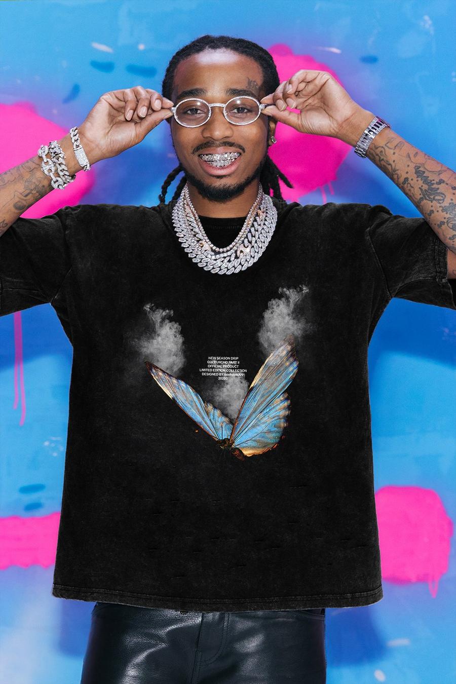 Black Quavo Oversized Butterfly Print T-Shirt image number 1