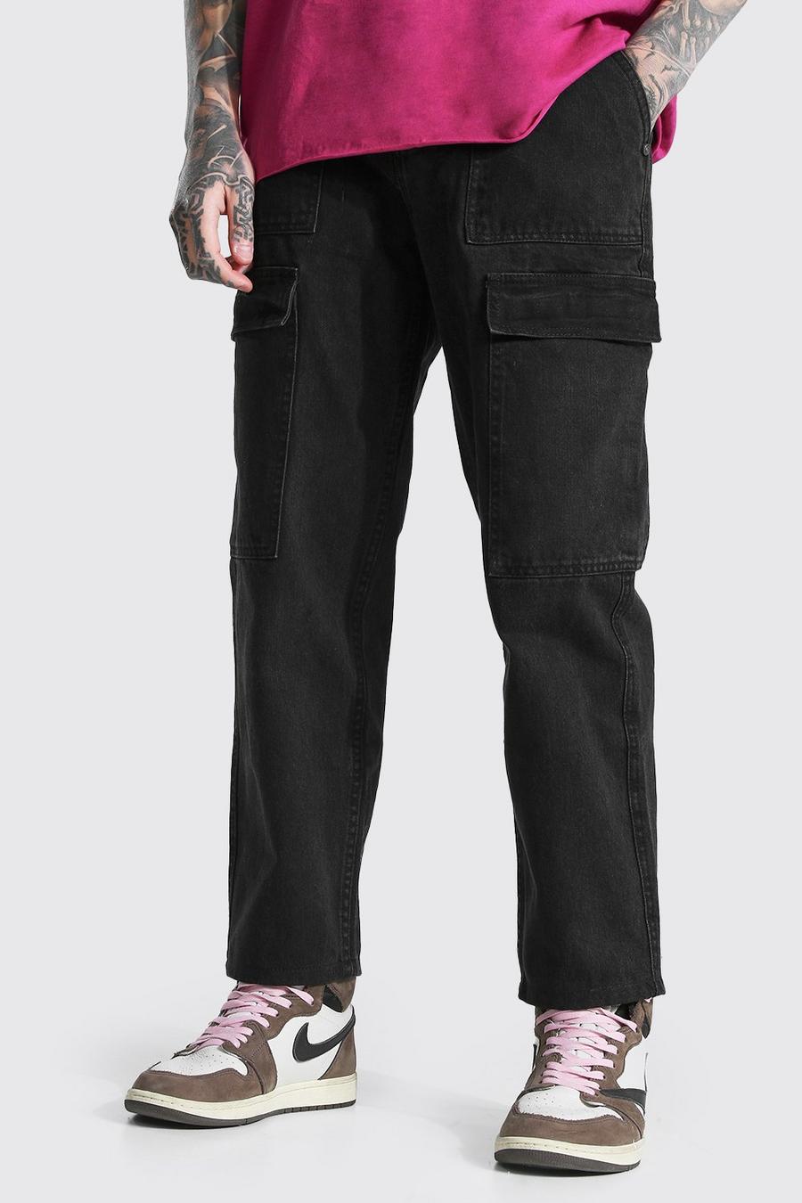 Black Ankellånga jeans med cargofickor och ledig passform image number 1