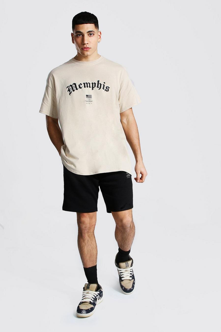 Set T-shirt oversize con scritta “Memphis Hi-lo” e pantaloncini, Sabbia image number 1