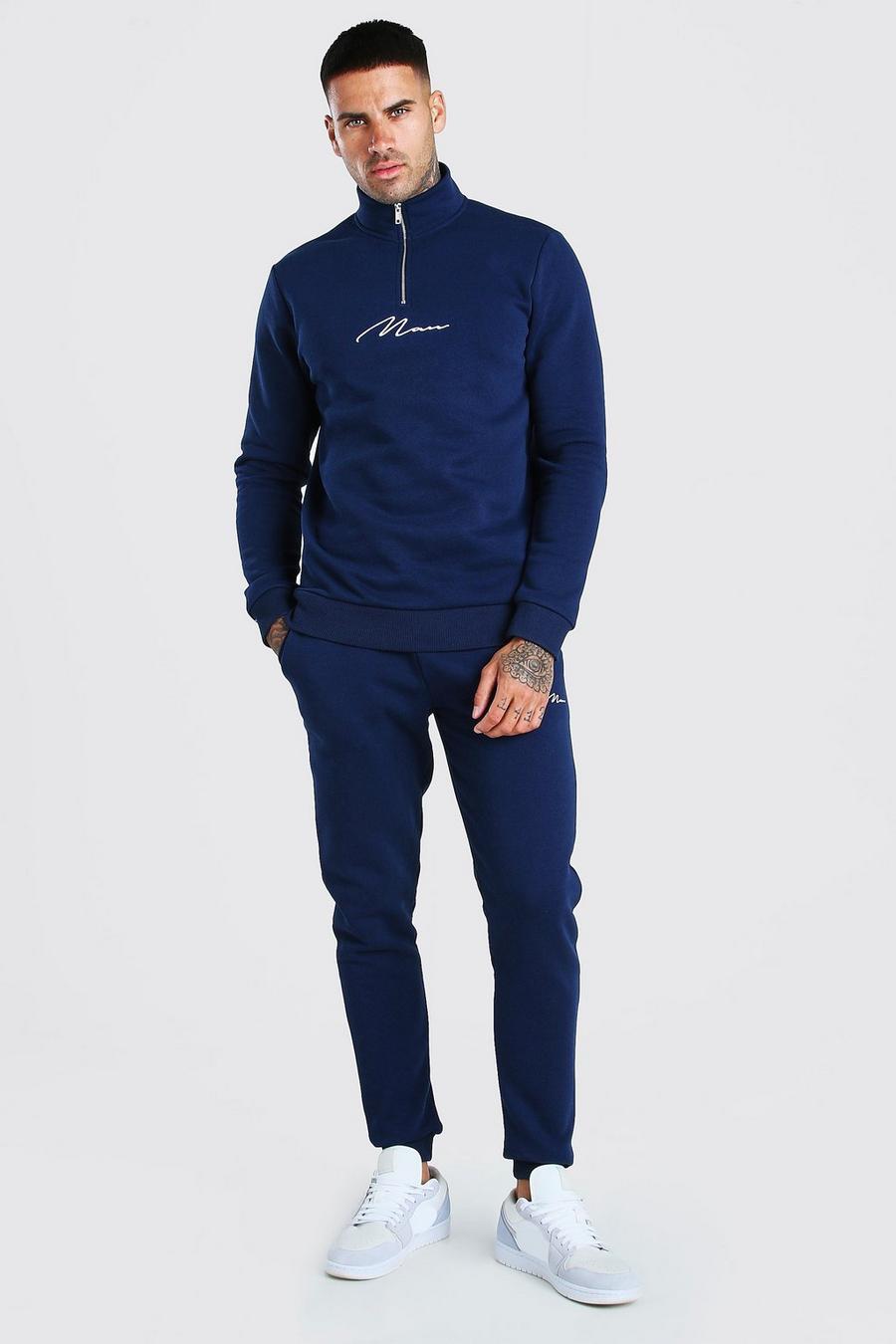 Trainingsanzug mit halbem Reißverschluss und „MAN“-Print, Marineblau image number 1