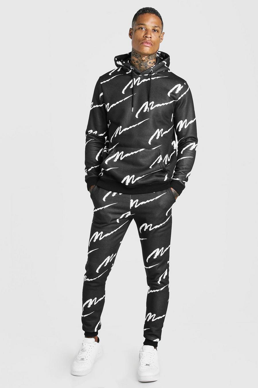 All Over MAN Printed Hooded Tracksuit | boohoo