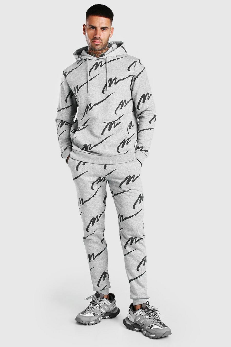אפור חליפת טרנינג עם קפוצ'ון והדפס MAN לכל האורך image number 1