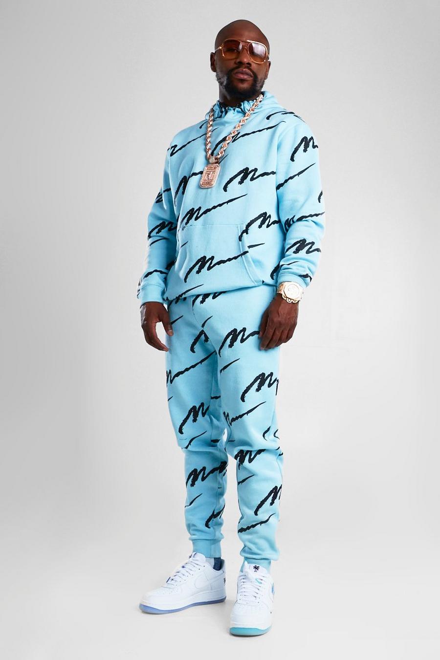 Light blue All Over MAN Printed Hooded Tracksuit image number 1