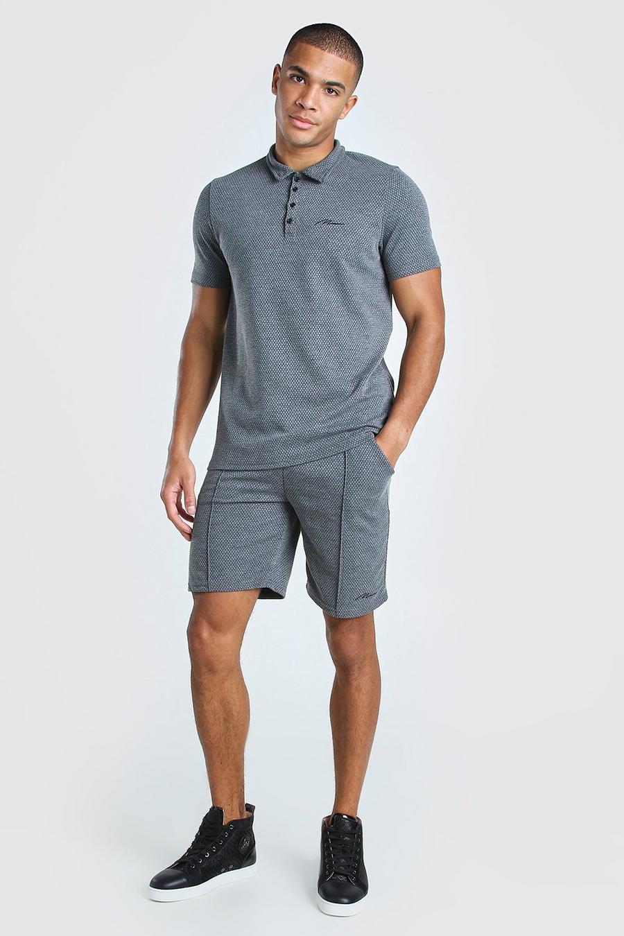 Set aus Poloshirt mit MAN-Schriftzug und Shorts mit Biesen, Grau image number 1