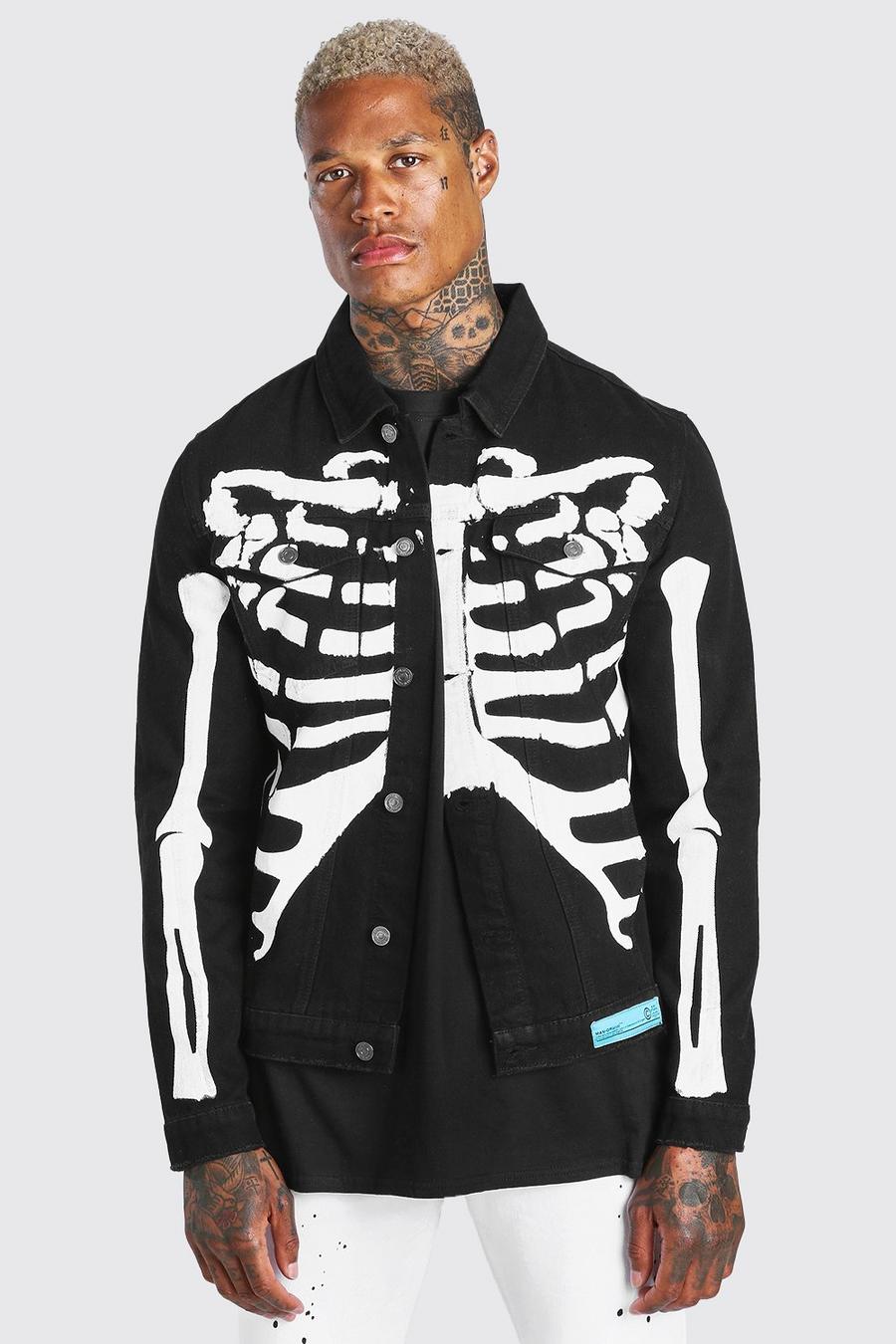 Black Regular Fit Denim Jacket With Skeleton Print image number 1