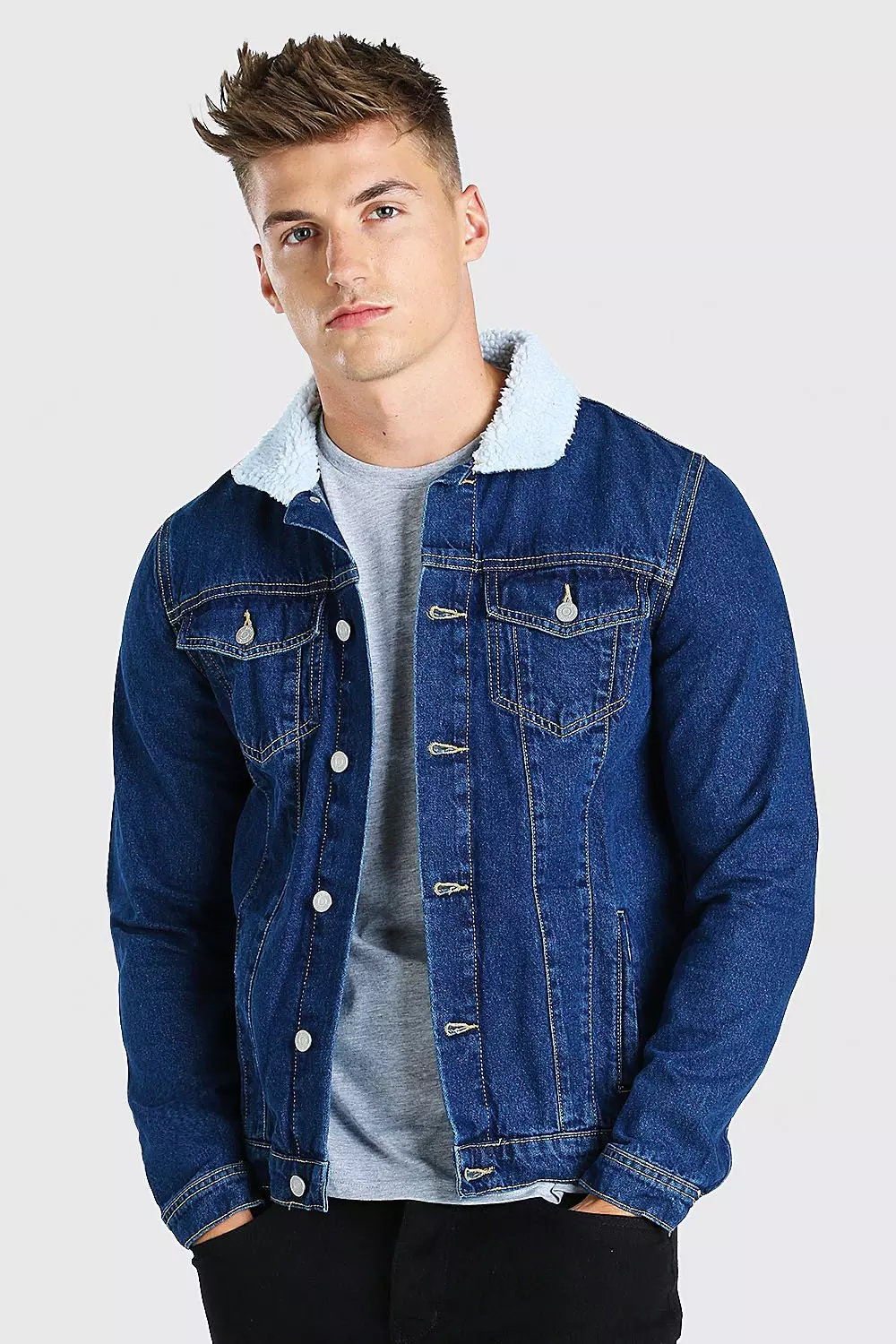Mid blue Regular Denim Jacket With Borg Collar alternative image