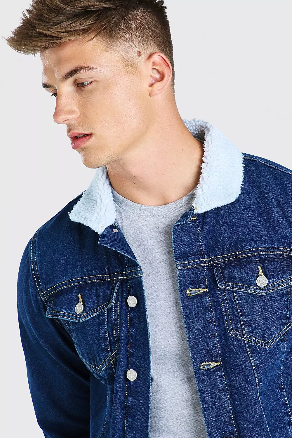 Mid blue Regular Denim Jacket With Borg Collar alternative image