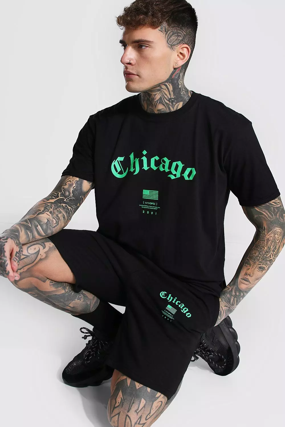 Oversized T-Shirt & Short Set With Chicago Print