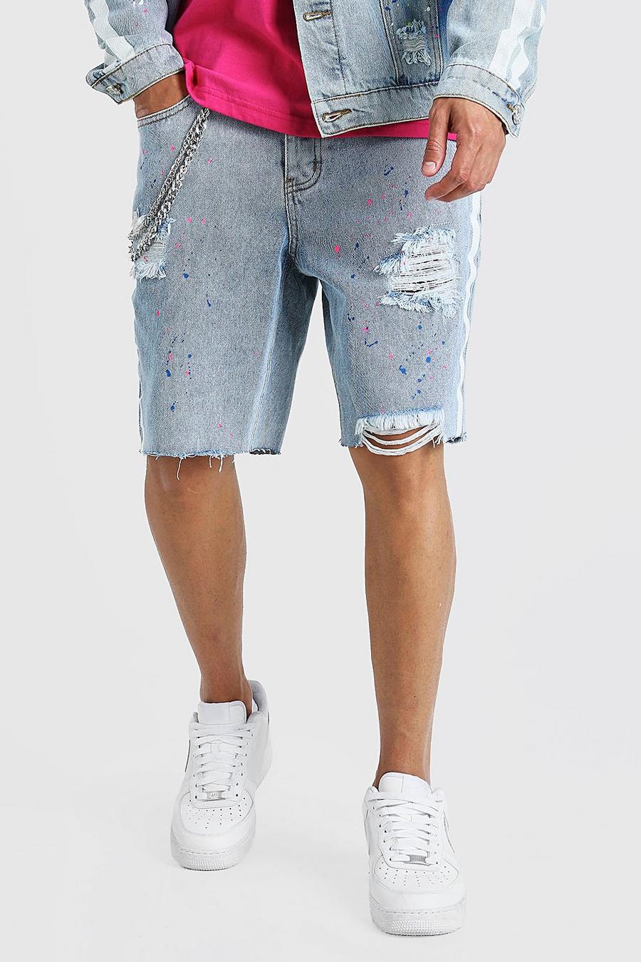 Loose Fit Rip & Repair Jeansshorts mit Bandana-Print, Hellblau image number 1