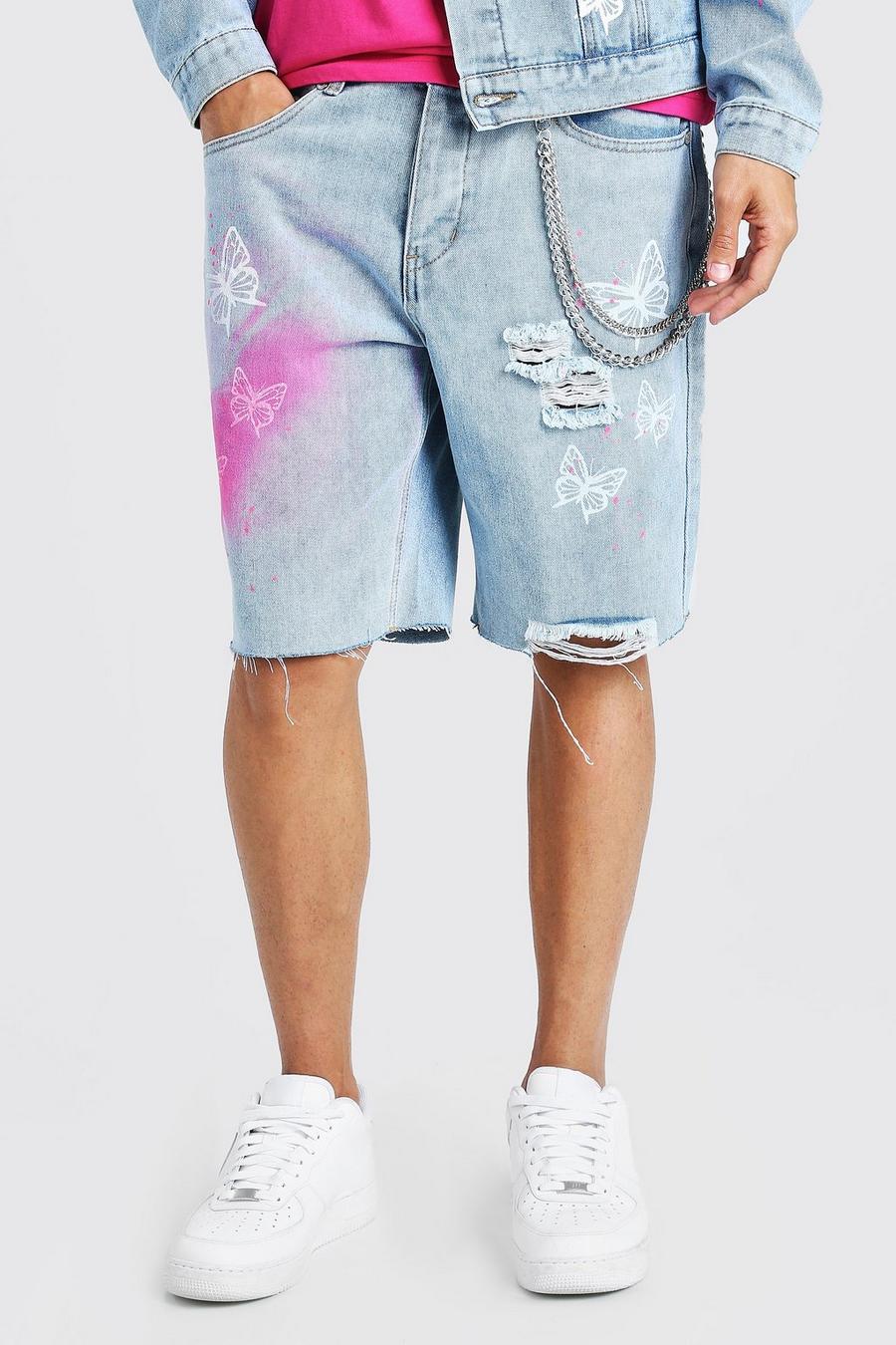 Light blue Loose Butterfly Print Denim Shorts With Chain image number 1