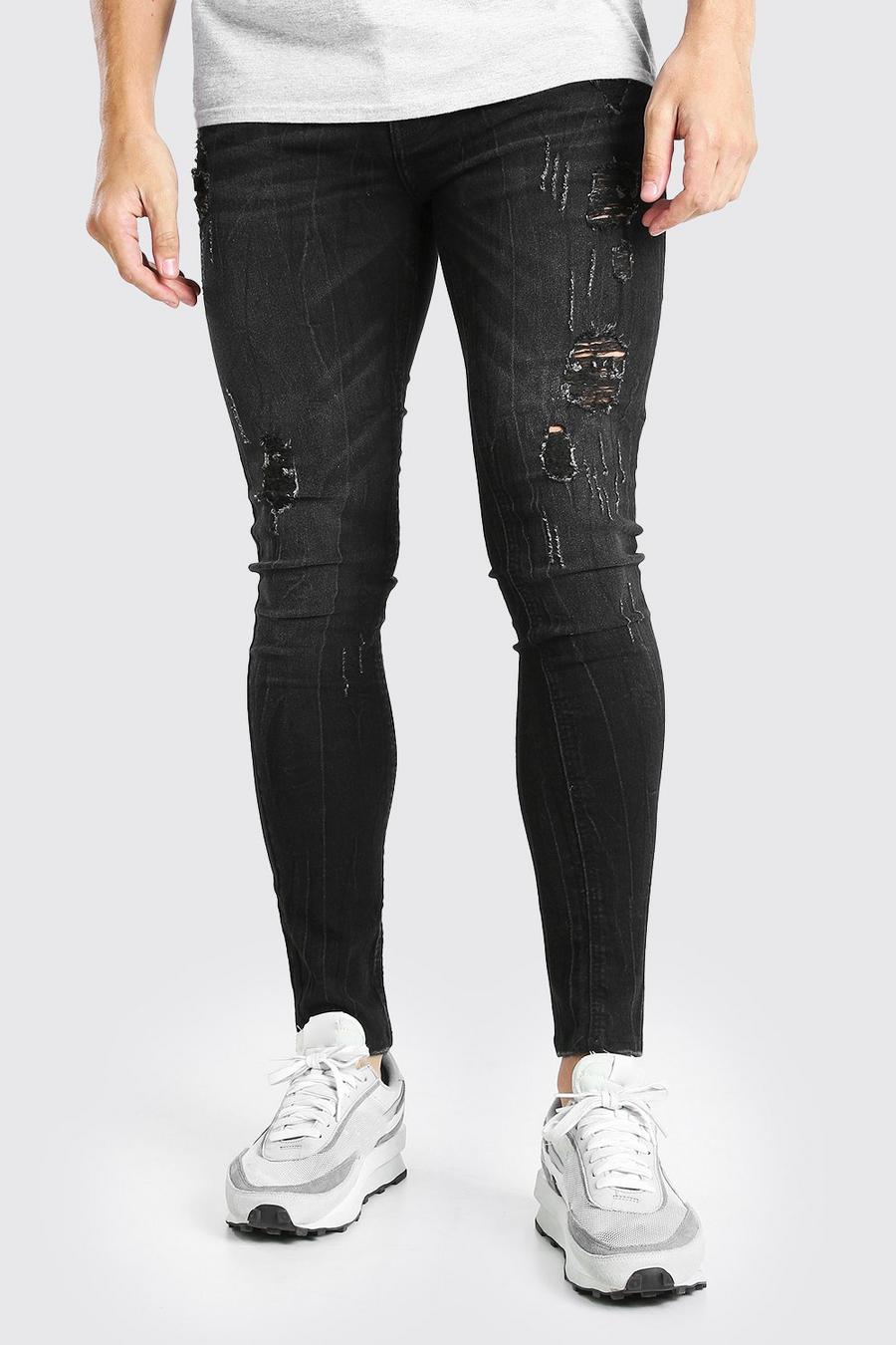 Super Skinny Jeans mit Washed-Effekt und Rissen, Schwarz image number 1