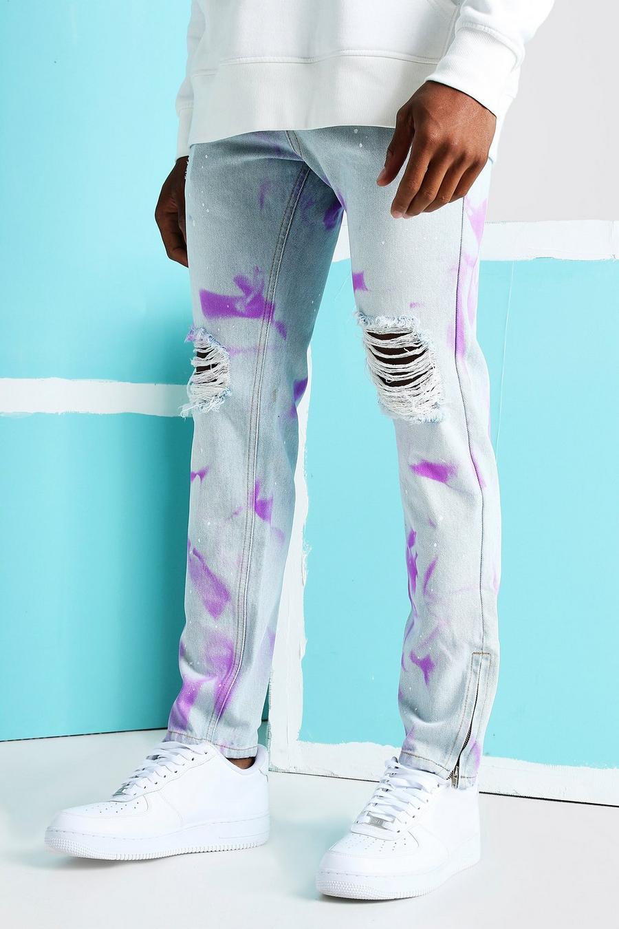 Light blue azzurro Skinny Rigid Spray Paint Ripped Jeans image number 1