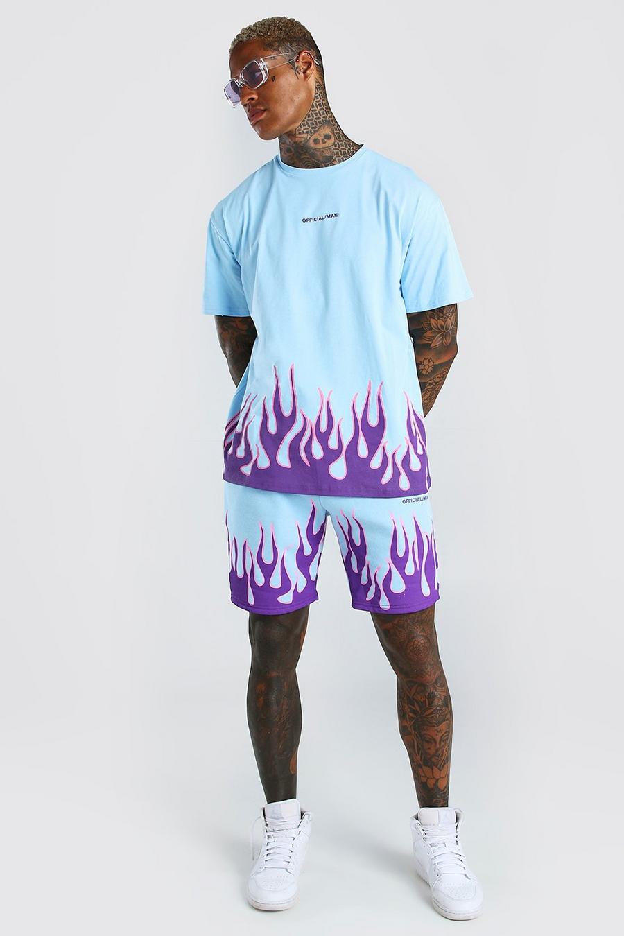 Conjunto de pantalones cortos y camiseta con estampado de llamas oficial MAN, Azul image number 1