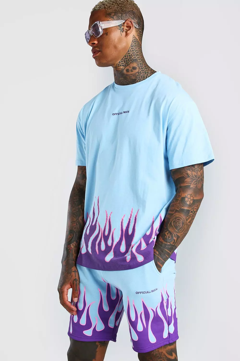 Official MAN Flame Print T Shirt And Short Set