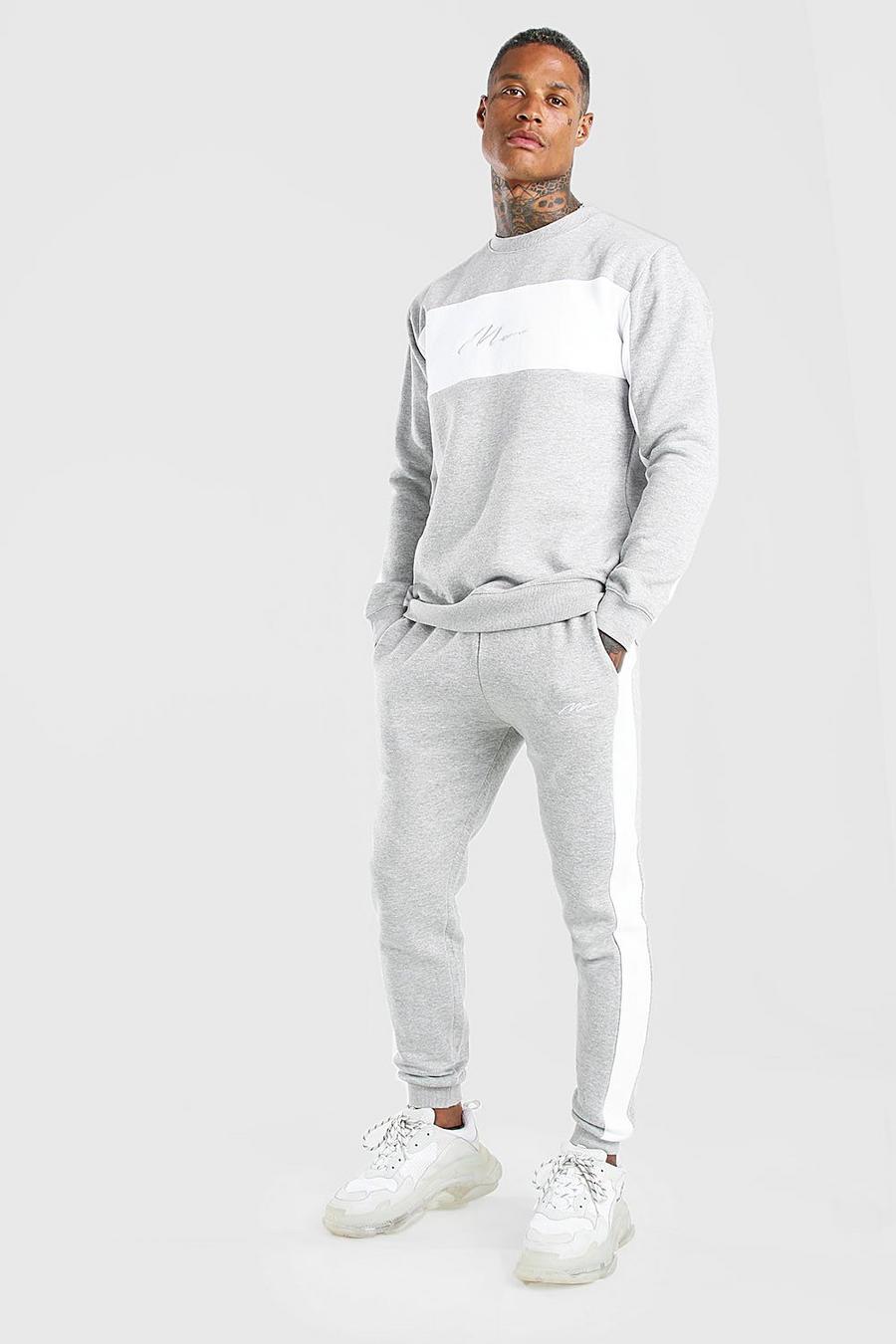 Colorblock-Trainingsanzug mit Man-Schriftzug, Grau meliert image number 1