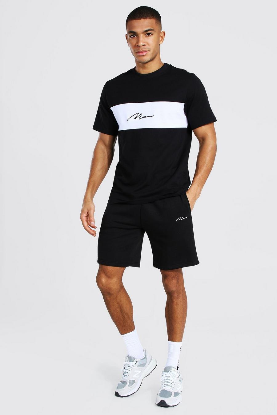 Colorblock-Set aus T-Shirt und Shorts mit MAN-Schriftzug, Schwarz image number 1