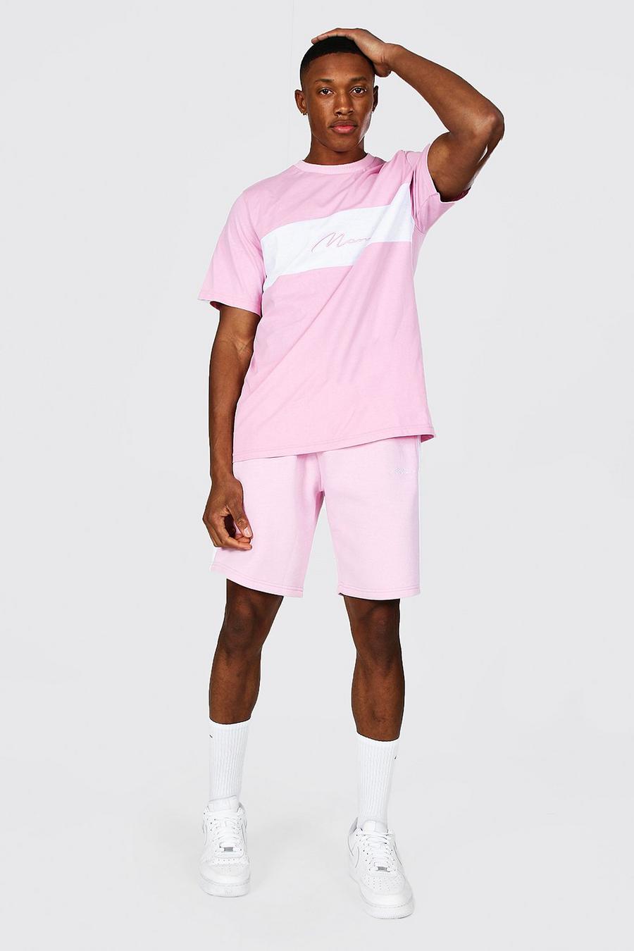 Colorblock-Set aus T-Shirt und Shorts mit MAN-Schriftzug, Rosa image number 1