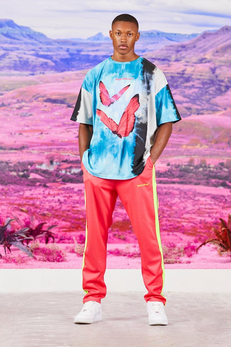 Pink Batikmönstrad t-shirt med fjärilar och joggers i trikå image number 1