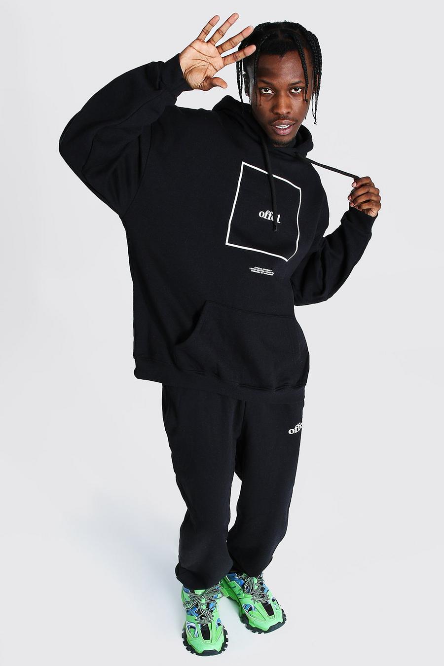 Black Offcl Oversize träningsoverall med hoodie och fyrkantigt tryck image number 1