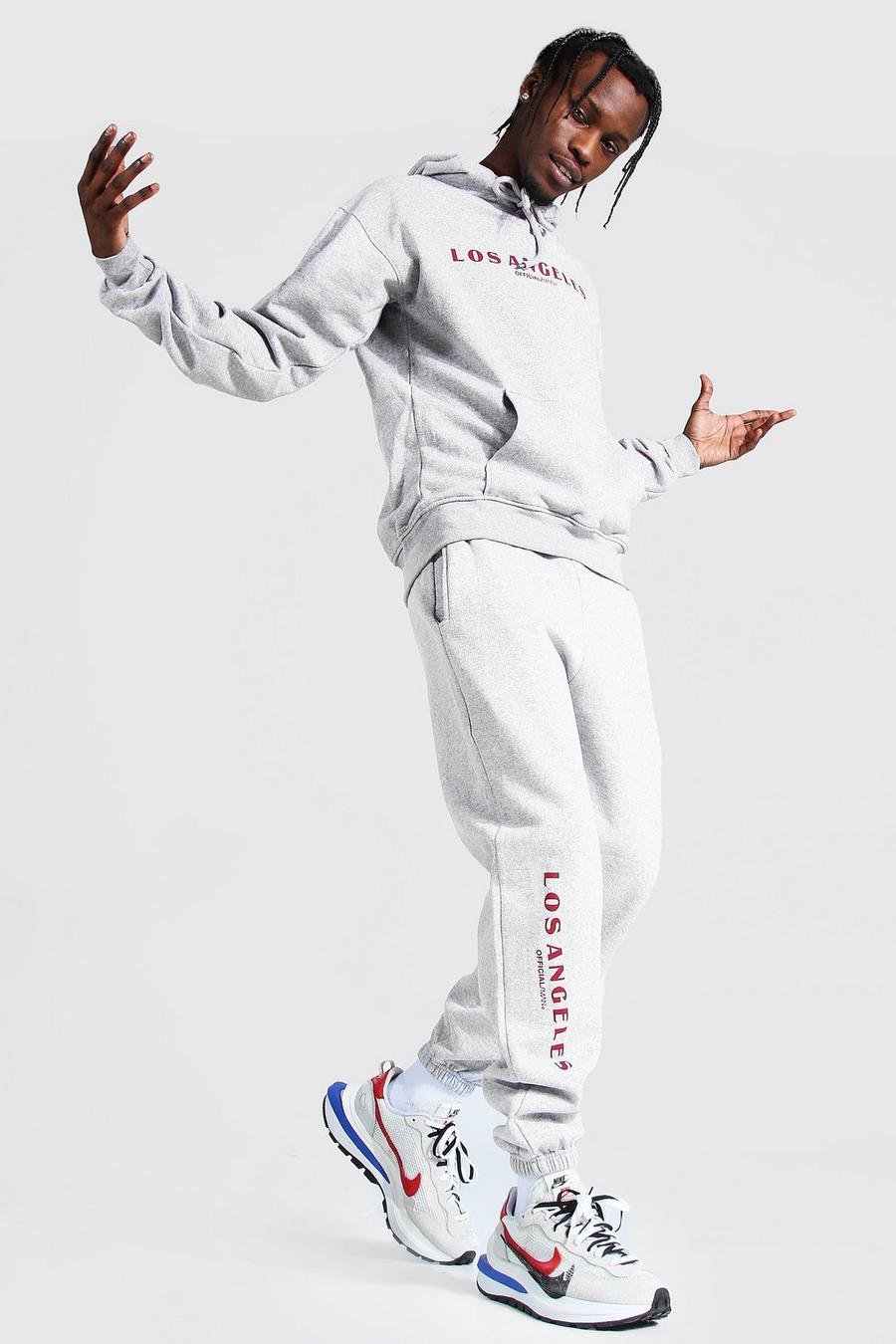 MAN Bedruckter Trainingsanzug mit Kapuze und „Los Angeles“-Slogan, Grau meliert image number 1