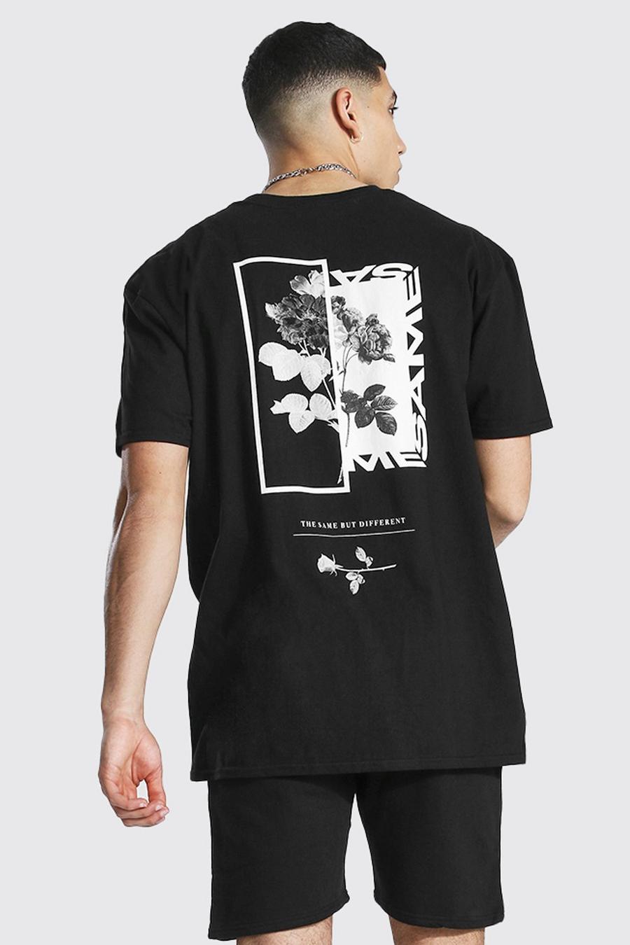 Conjunto oversize de camiseta y pantalón cortos con estampado de flores, Black image number 1