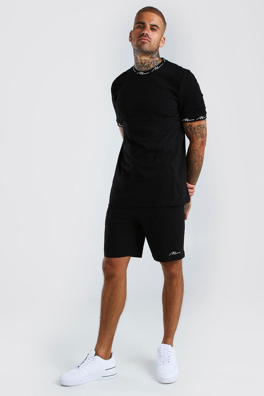 Black MAN Signature Printed T-Shirt And Shorts Set image number 1