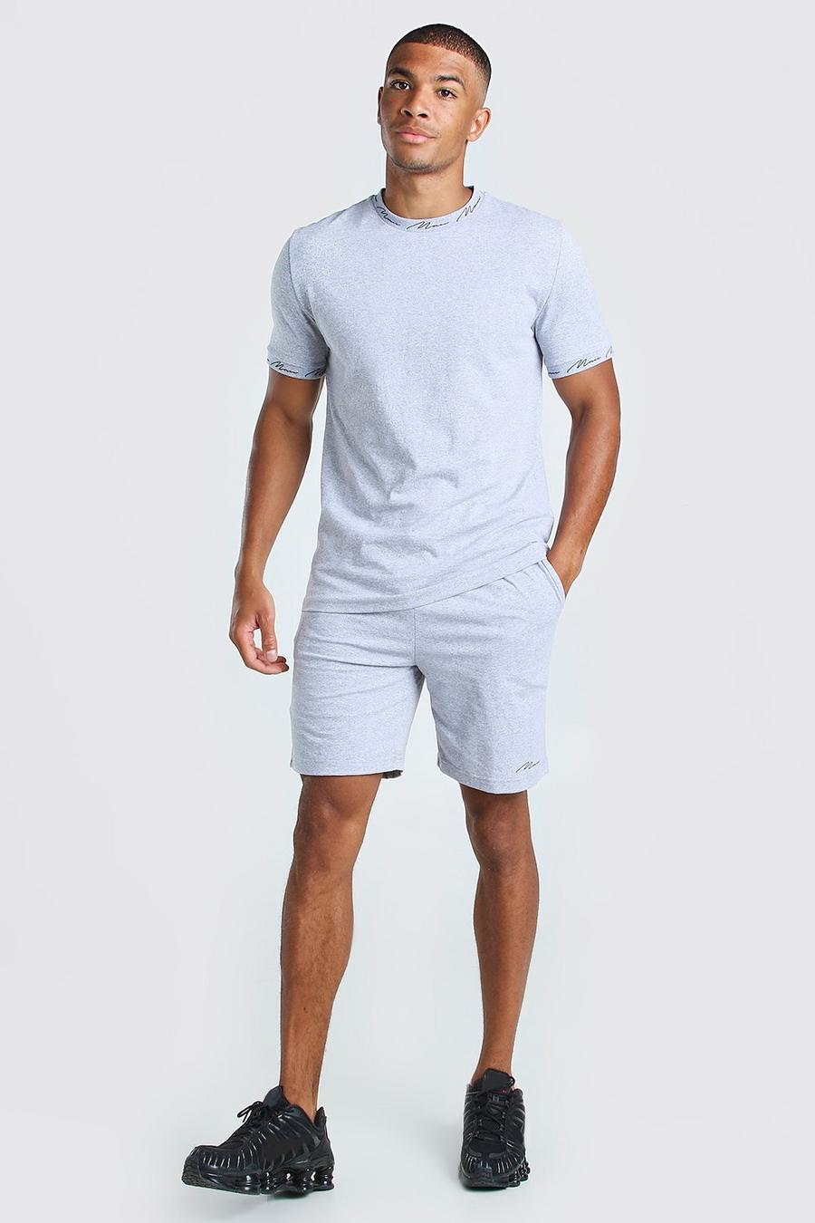 Grey marl Man Signature T-Shirt En Shorts Set Met Opdruk image number 1