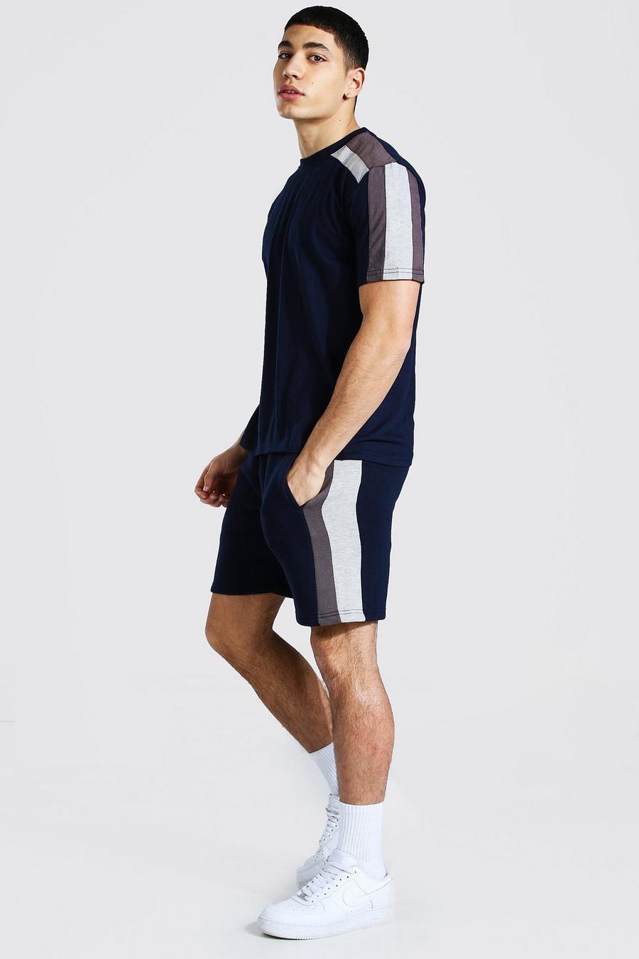 Navy marinblå T-shirt och shorts med kontrastpaneler image number 1