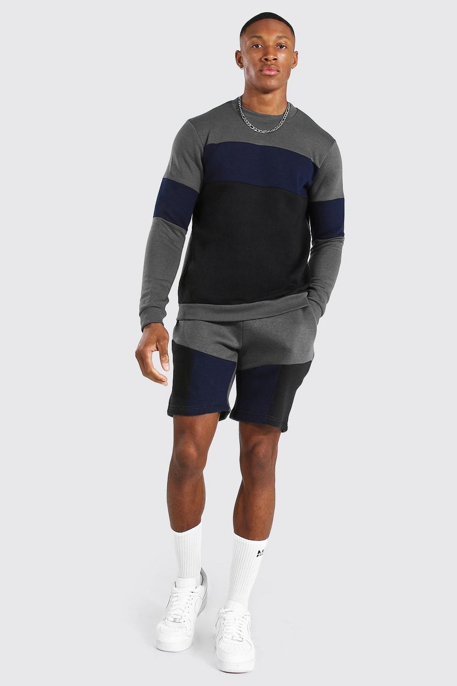 Charcoal grå Träningsoverall med sweatshirt, shorts och blockfärger image number 1