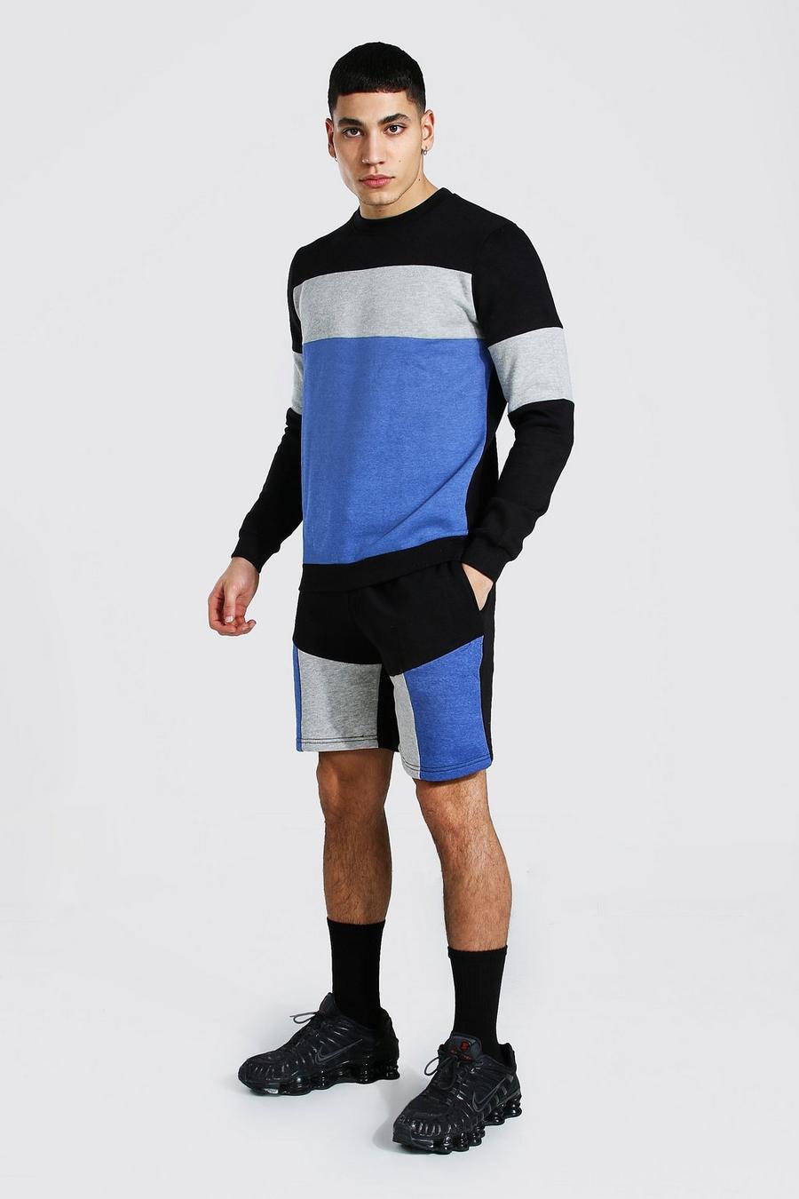 Blue blå Träningsoverall med sweatshirt, shorts och blockfärger image number 1