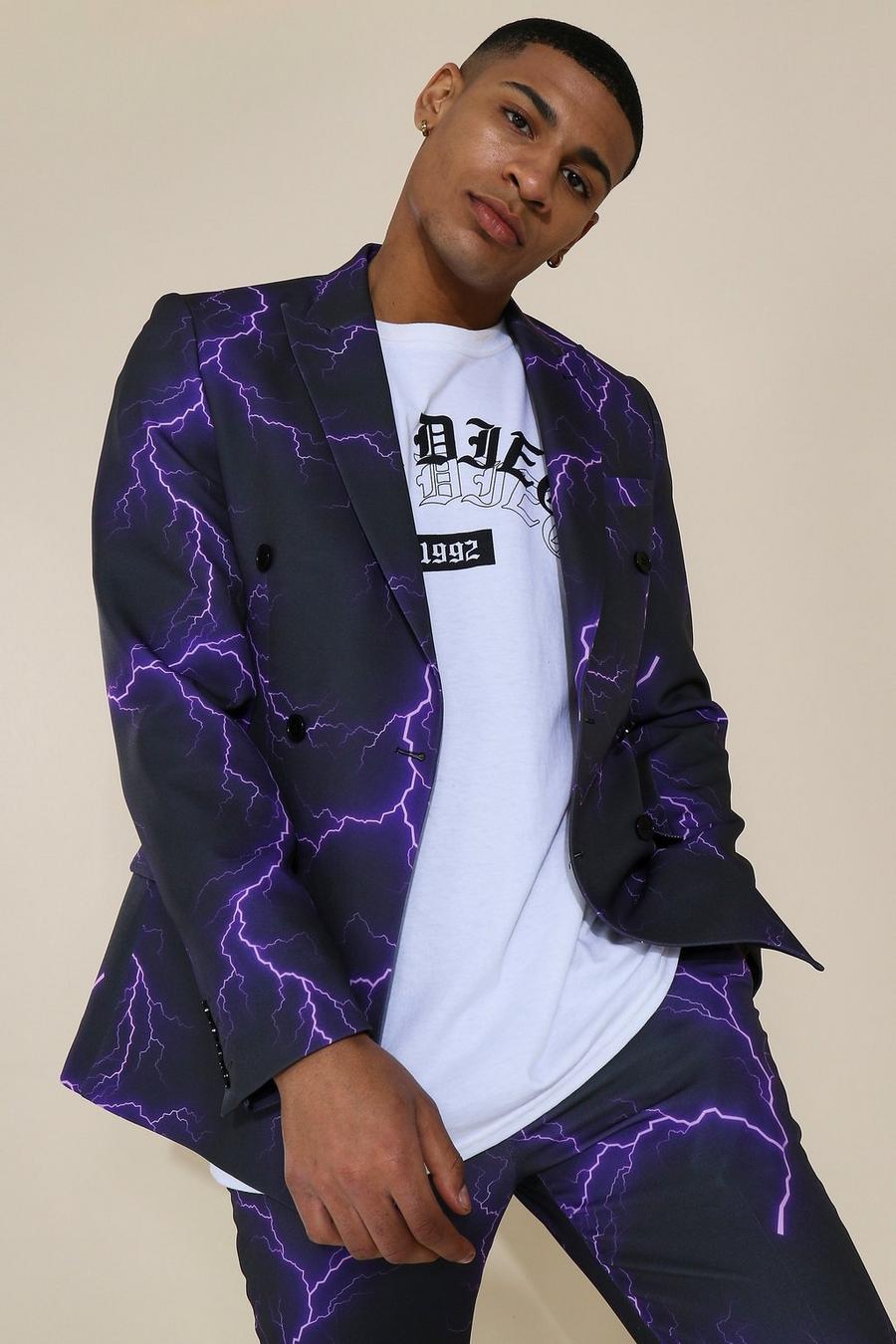 Zweireihige Anzugjacke in Skinny-Fit mit Blitz-Print, Schwarz image number 1