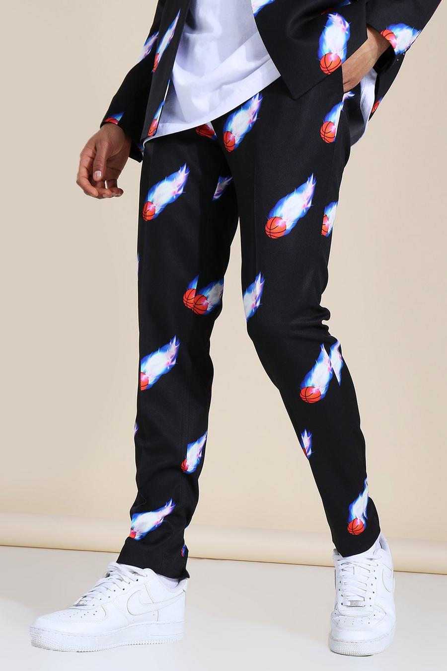 Pantalón de traje skinny con estampado de baloncesto, Negro image number 1