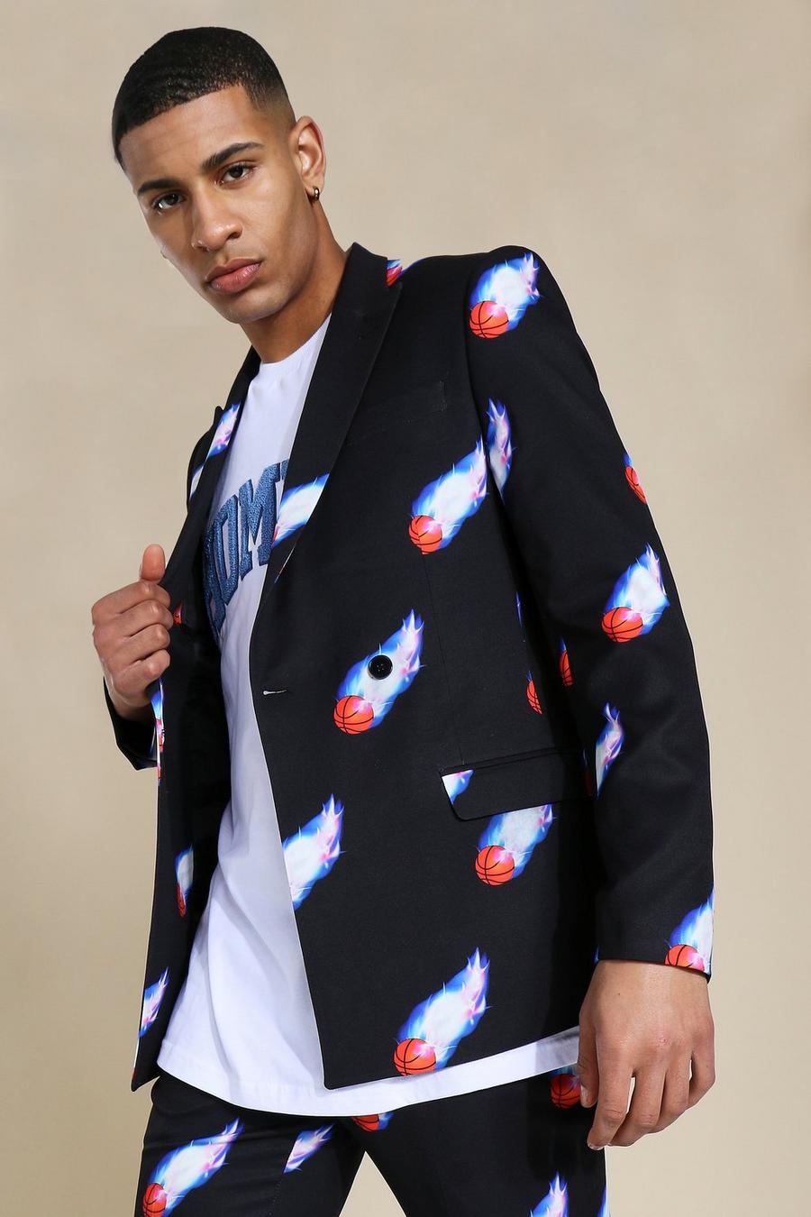 Zweireihige Anzugjacke in Skinny-Fit mit Basketball-Motiv, Schwarz image number 1