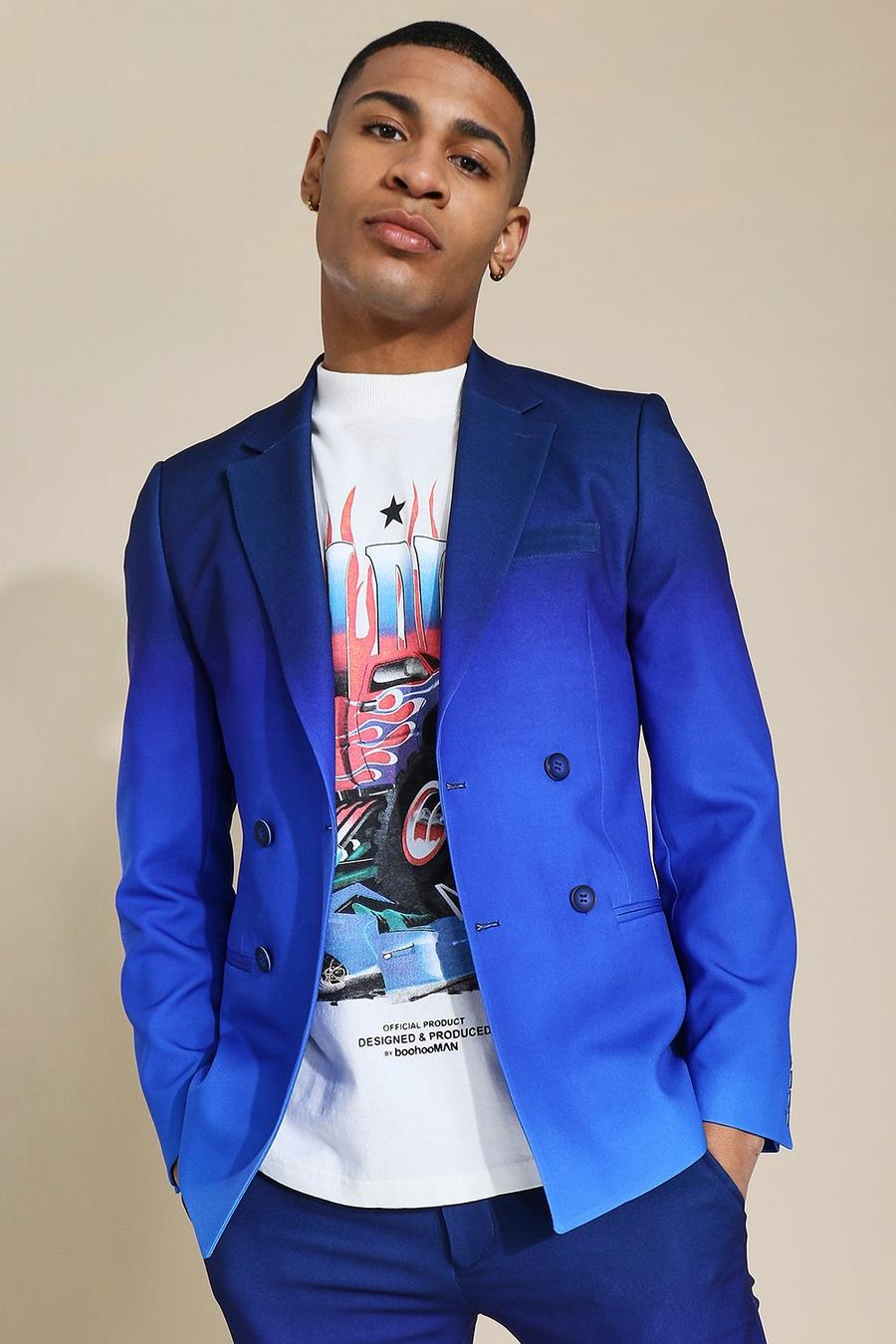 Men's Skinny Blue Ombre Double Breasted Suit Jacket | boohoo