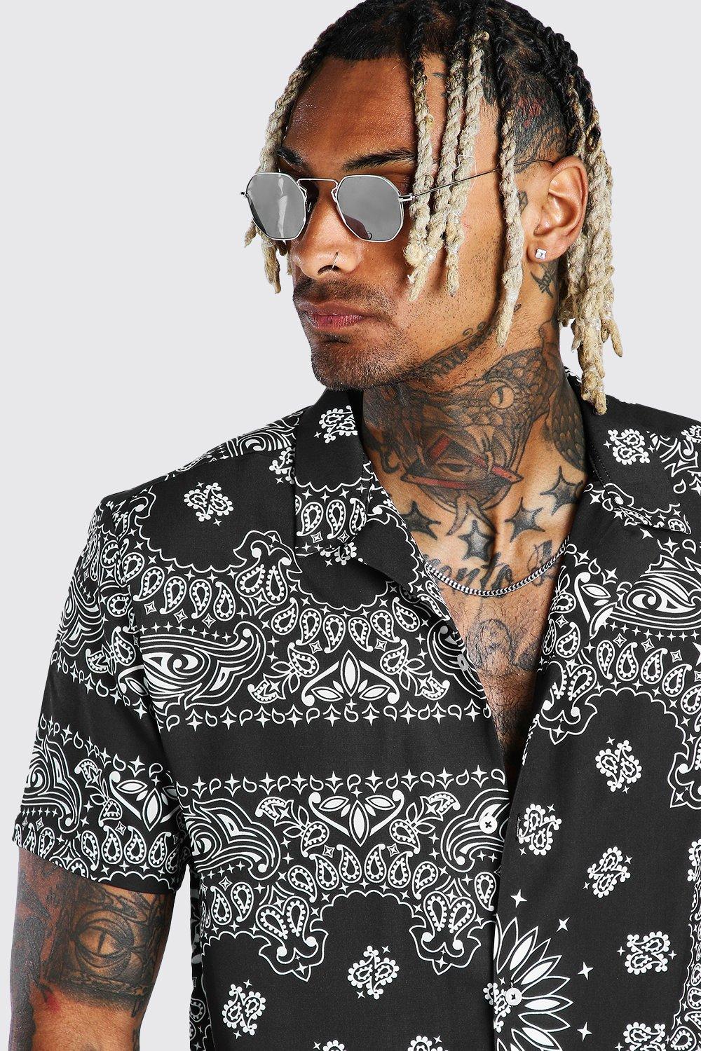 Men Black Bandana Print Short Sleeve Shirt S